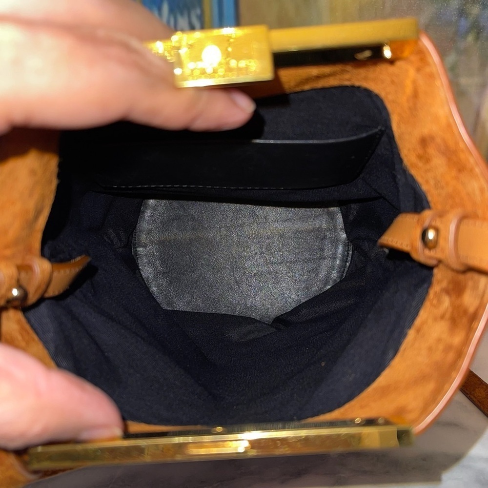 Khaite Etta Suede Bucket Bag Leather Crossbody Brown Gold Frame GUC - Picture 9 of 12